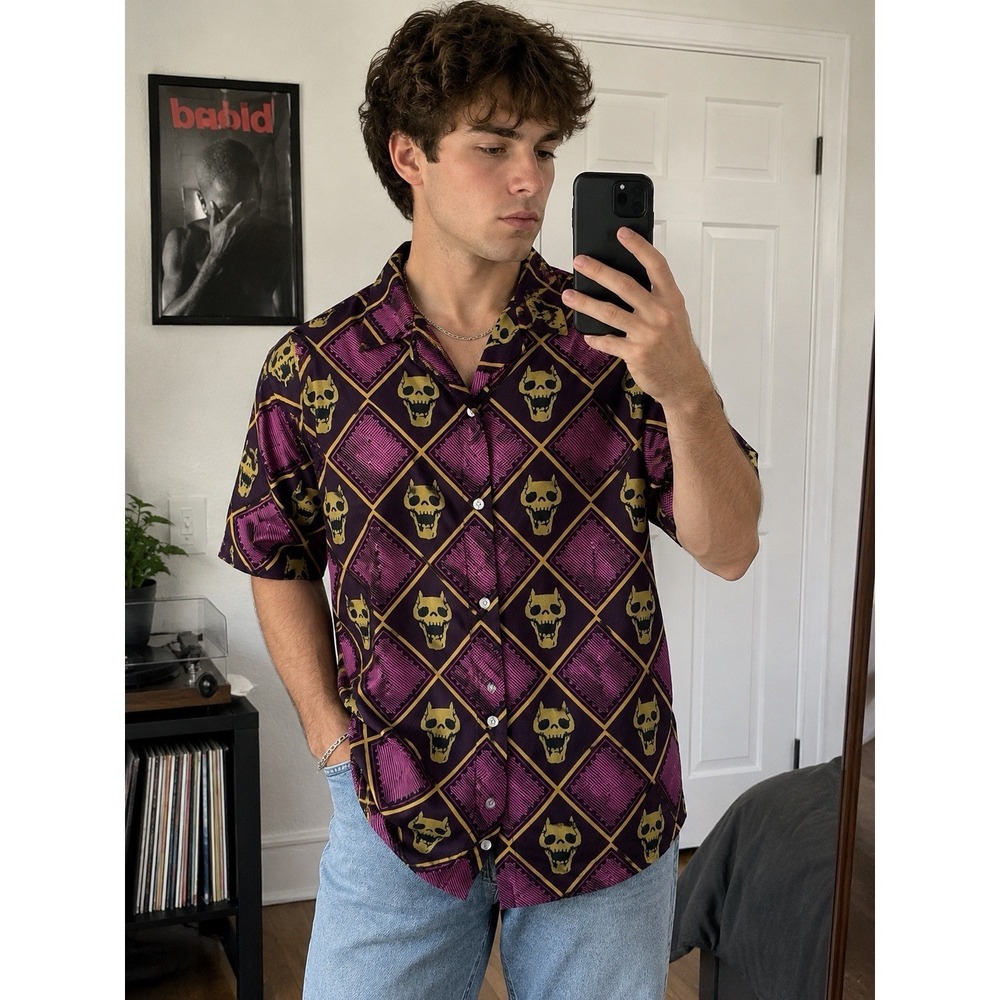 Anime Ape Skull Print Button Up Shirt Men's Medium Purple Pink Short Sleeve